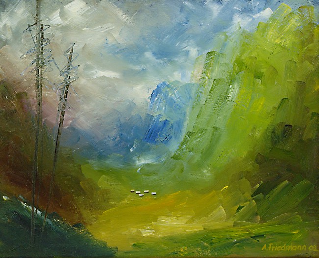 Blick ins Sattental. Im Talschluß einige Almhütten wie z.B. die Tag Alm.