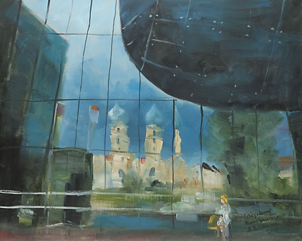 Am Grazer Kunsthaus spiegelt sich die Franziskaner Kirche